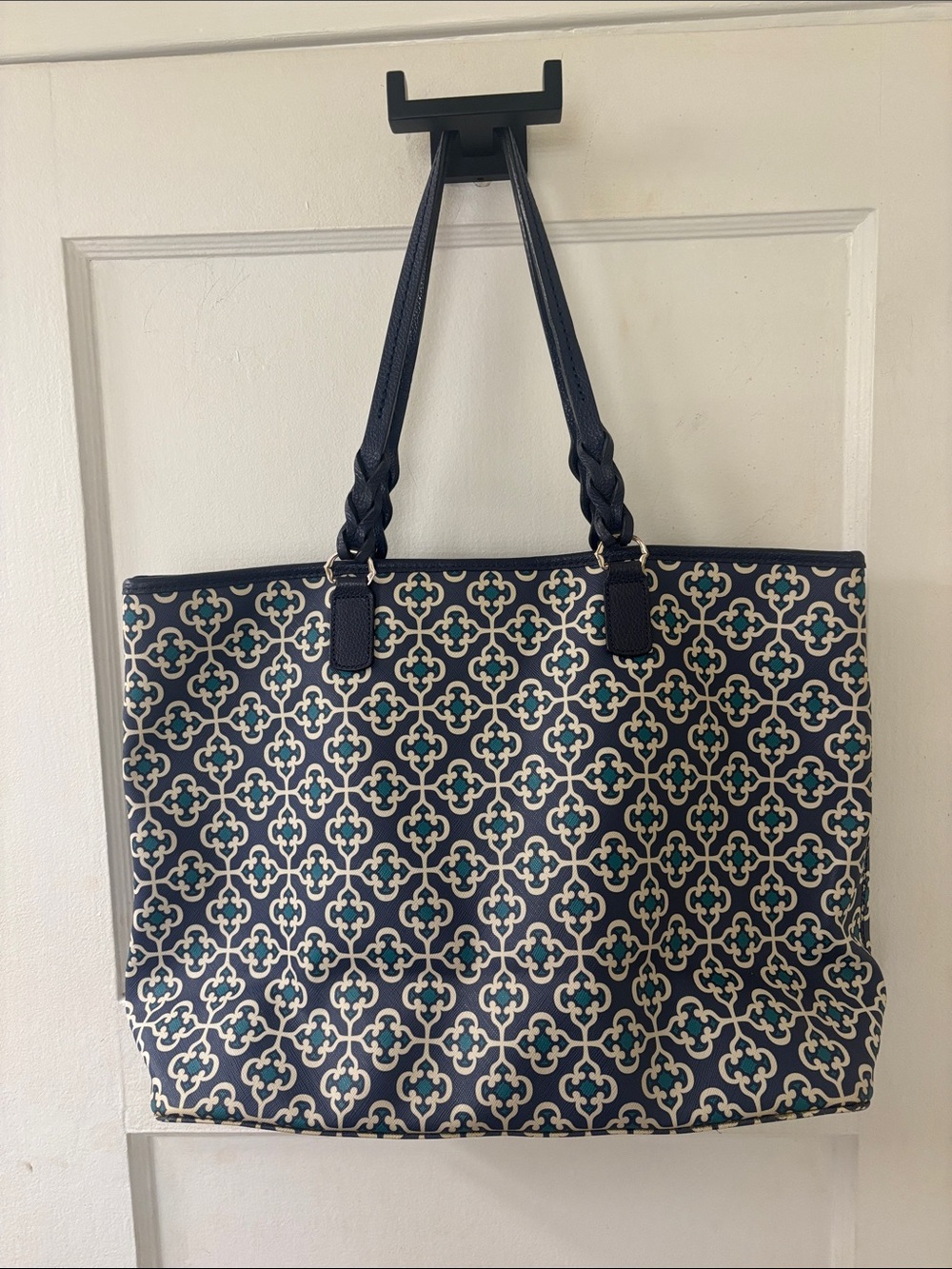 Brighton Navy and Cream Patterned Tote with Braided Leather Handles